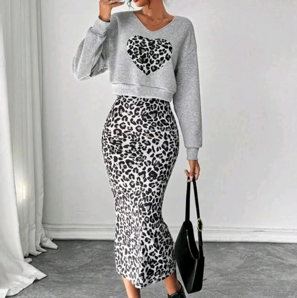 2pcs/Set Leopard Heart Print Hoodie With Form-Fitting Dress, Elegant - Picture 1 of 4